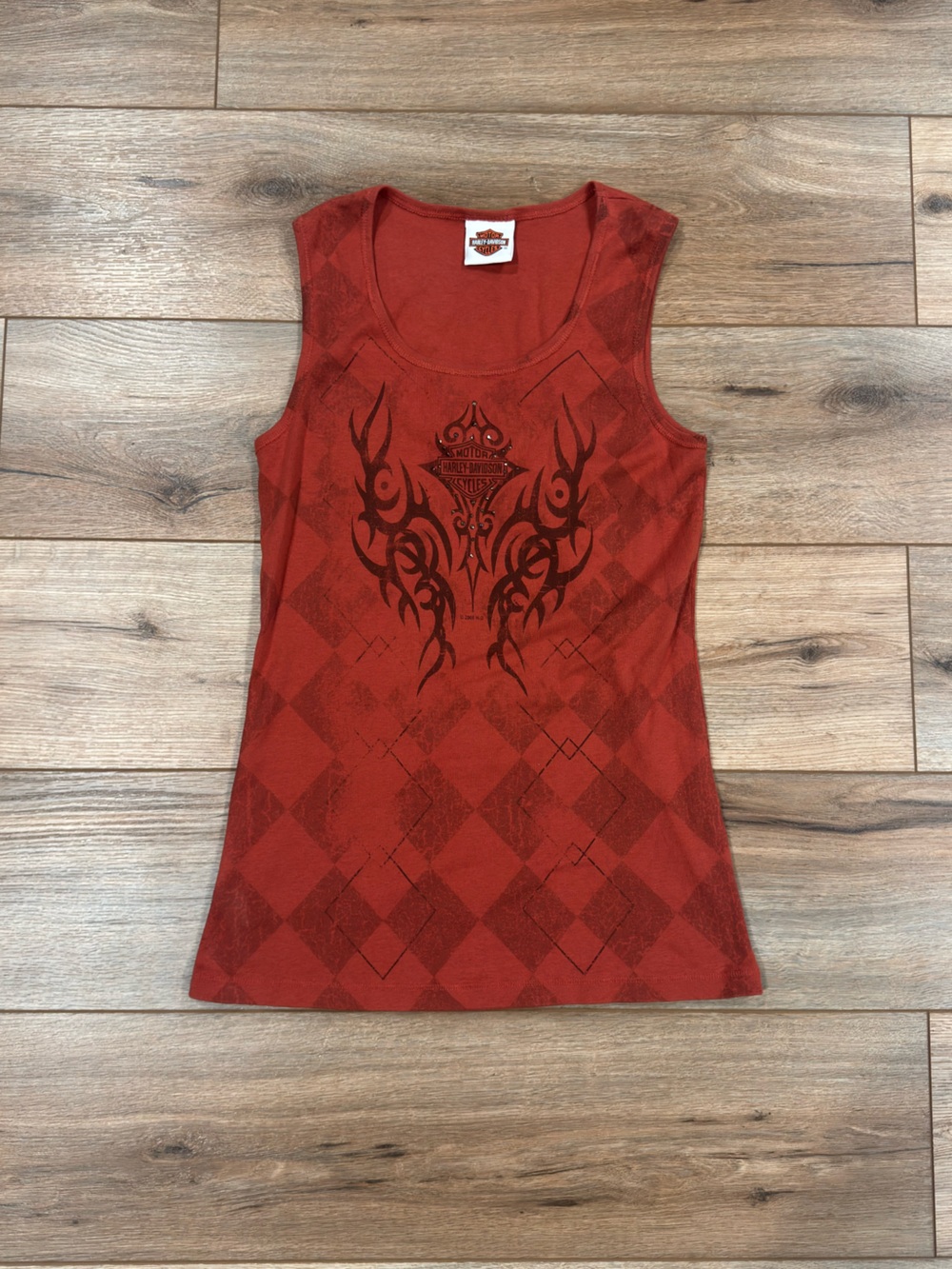 HARLEY DAVIDSON 100% Cotton 2008 Y2k Red and Black Tribal Checkered Tank Top | L